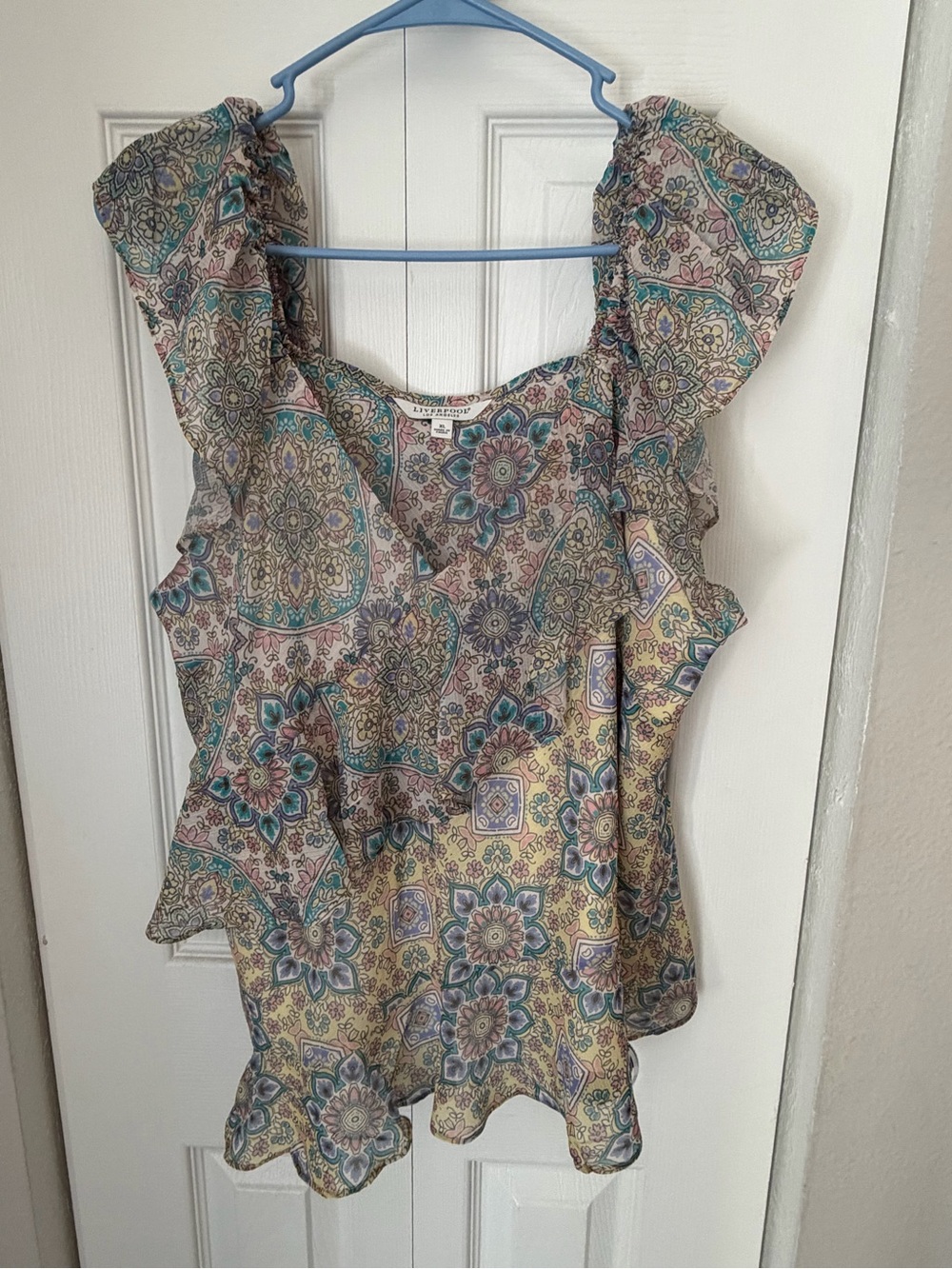 Liverpool Sleeveless Paisley Ruffle Top in Teal, Mauve, Cream